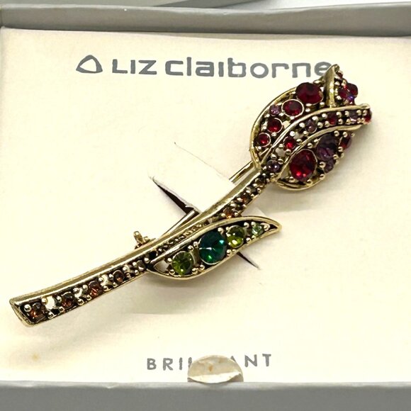 Liz Claiborne Vintage Rosebud Brooch Gold-tone Rhinestones in Original Box - Picture 2 of 16